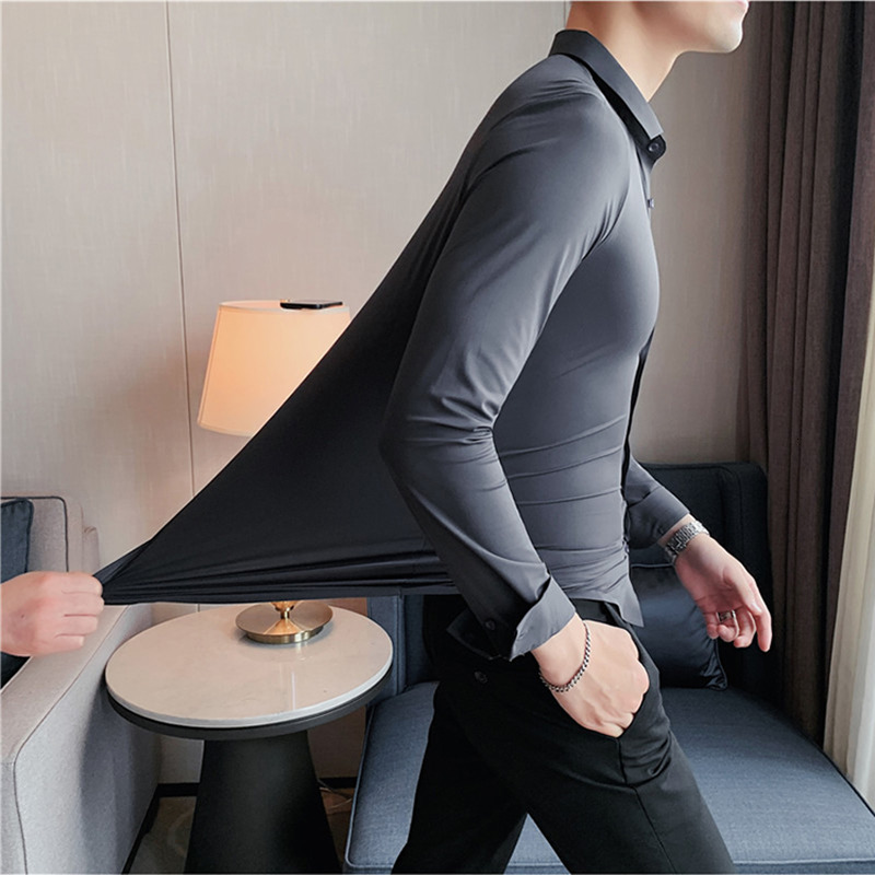 Men's Casual Shirts High Elasticity Seamless Men's Shirt Long Sleeve Slim Casual Shirt Solid Color Business Formal Dress Party Shirts 4XL-M 