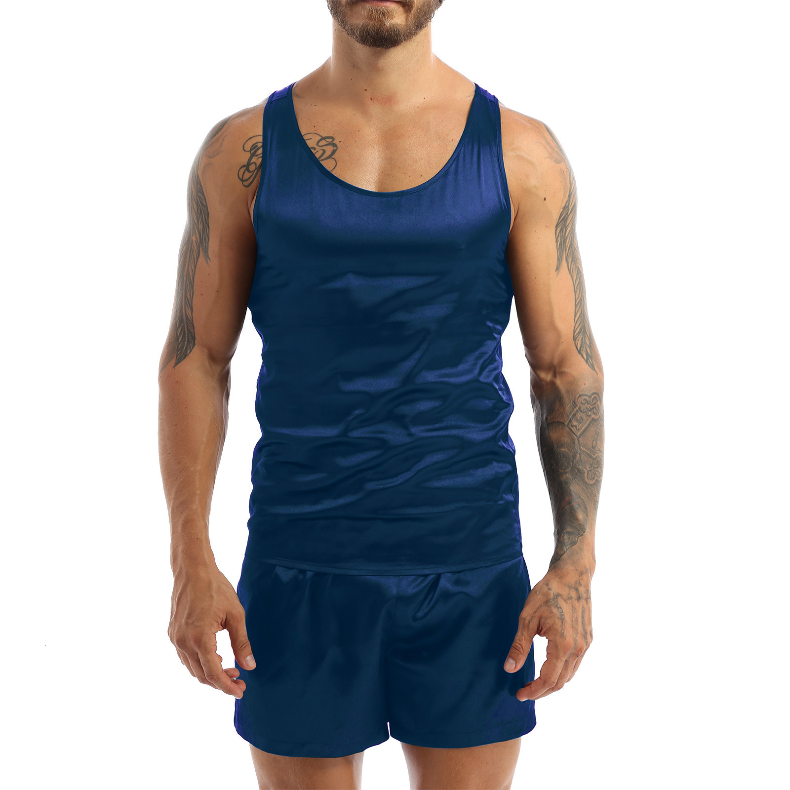 Men's Sleepwear ZDHoor Men Satin Pajamas Pyjamas Set Sleepwear Pijama Summer Homewear Sleeveless Tops Shorts Suit Two Piece Set Men Sleepwear 230