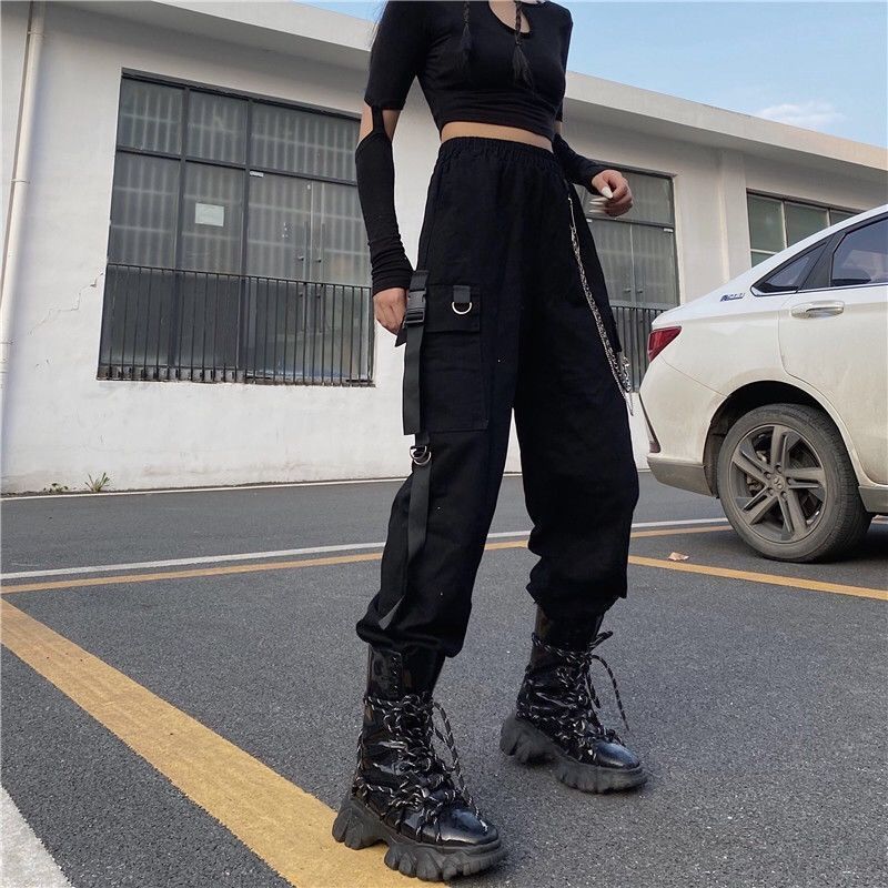Women's Pants Capris Women Gothic Harajuku Black Chain Cargo Pants Women Streetwear Korean Style Oversize Harem Pants Goth Punk Female Trousers 2