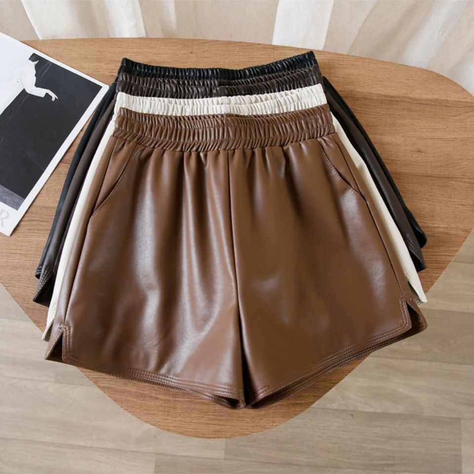 Women's Shorts pu leather shorts women's spring and autumn models elastic high waist loose wide leg pants black all-match P6 1246 230504