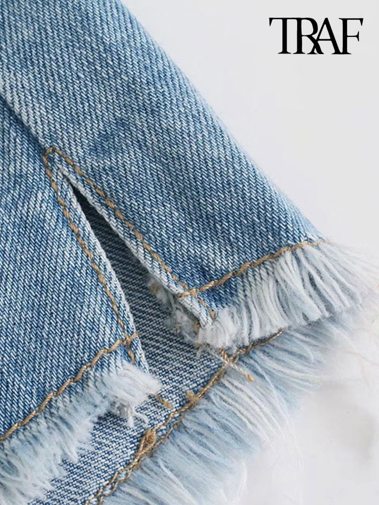 Women's Shorts TRAF Women Fashion With Frayed Tassel Ripped Denim Shorts Vintage Mid Waist Zipper Fly Female Short Jeans Mujer 230504