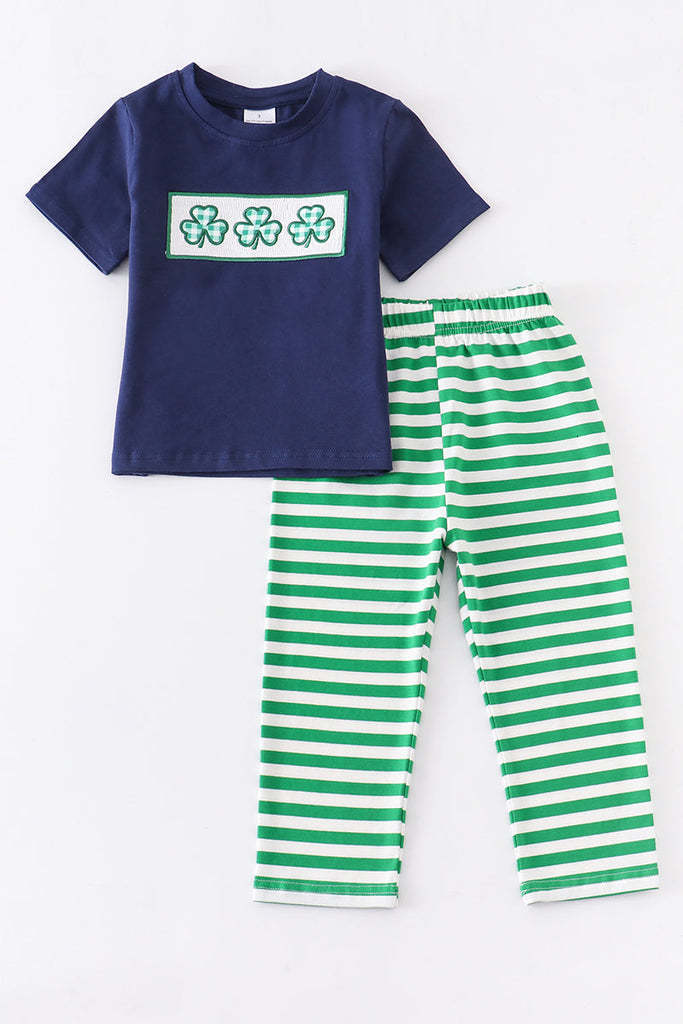 Family Matching Outfits Girlymax St Patrick s Day Sibling Stripe Clover Baby Girls Dress Boys Pants Set Ruffles Romper Smocked Kids Clothing 230504