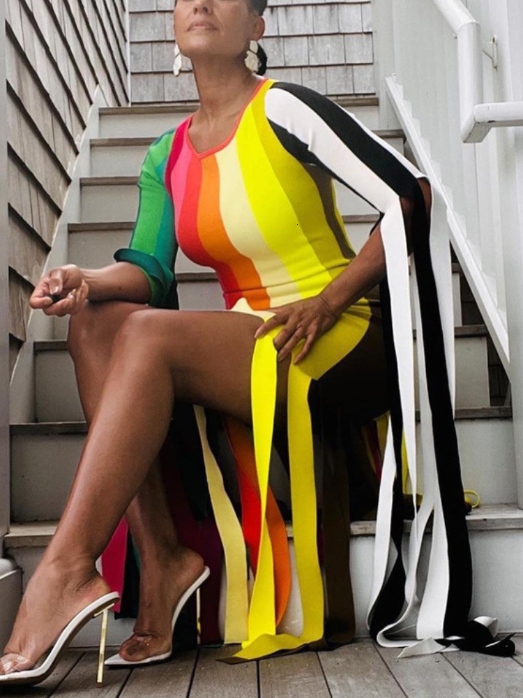 Casual Dresses Trendy Summer Rainbow Printed Strap Tassel Skinny Dress Women ONeck Half Sleeve Mini Causal High Street Party Clubwear 230504