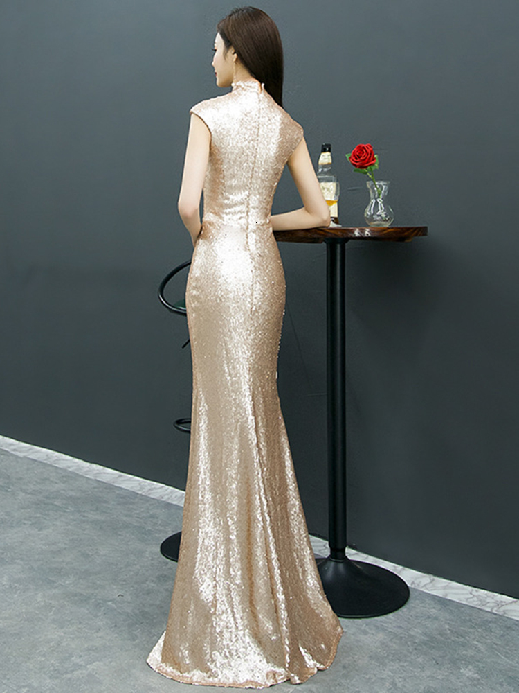 Party Dresses Mandarin Collar Formal Evening Dress Elegant Women Party Dress Cap Sleeve Side Split Robe De Soriee Champagne Sequins Vestidos 230504