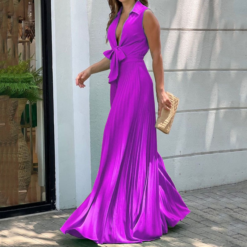 Women's Jumpsuits Rompers LIYONG Women Jumpsuit Summer Fashion V Neck Sleeveless Lapel Solid Pleated Lace Up Loose Wide Legs Romper High Streetwe