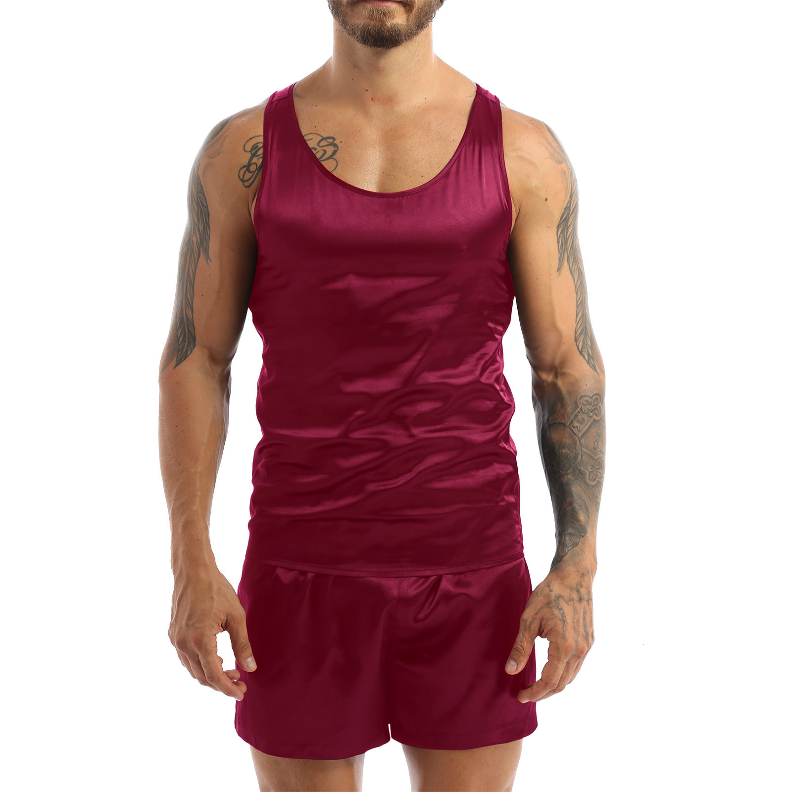Men's Sleepwear MSemis Mens Satin Pajamas Set Nightwear Sleeveless Tank Top with Shorts Sleepwear Nightclothes Summer Nightgown Loungewear 230503