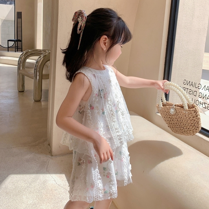 Clothing Sets Summer Children Girls Flower Lace Embroidery Top Shorts Toddler Baby Clothes Suit Fashion Kids Outfit 230504