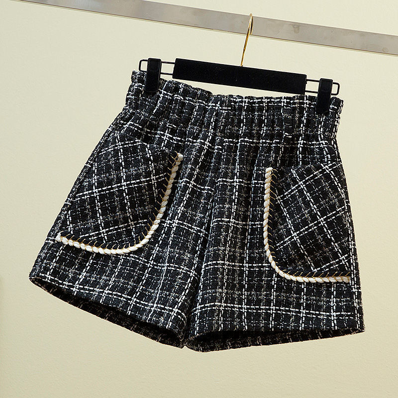 Women's Shorts Autumn Winter Women Shorts Wide Leg High Waist Female Fashionable Woolen Tweed Checkered Ladies Shorts Trousers Q31 230504