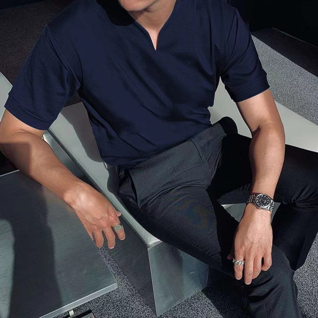 Mens Polos Summer Fashion Trend Sports Fitness Leisure Simple TShirt Solid Loose Short Sleeve VNeck Top Polo Shirt 230504