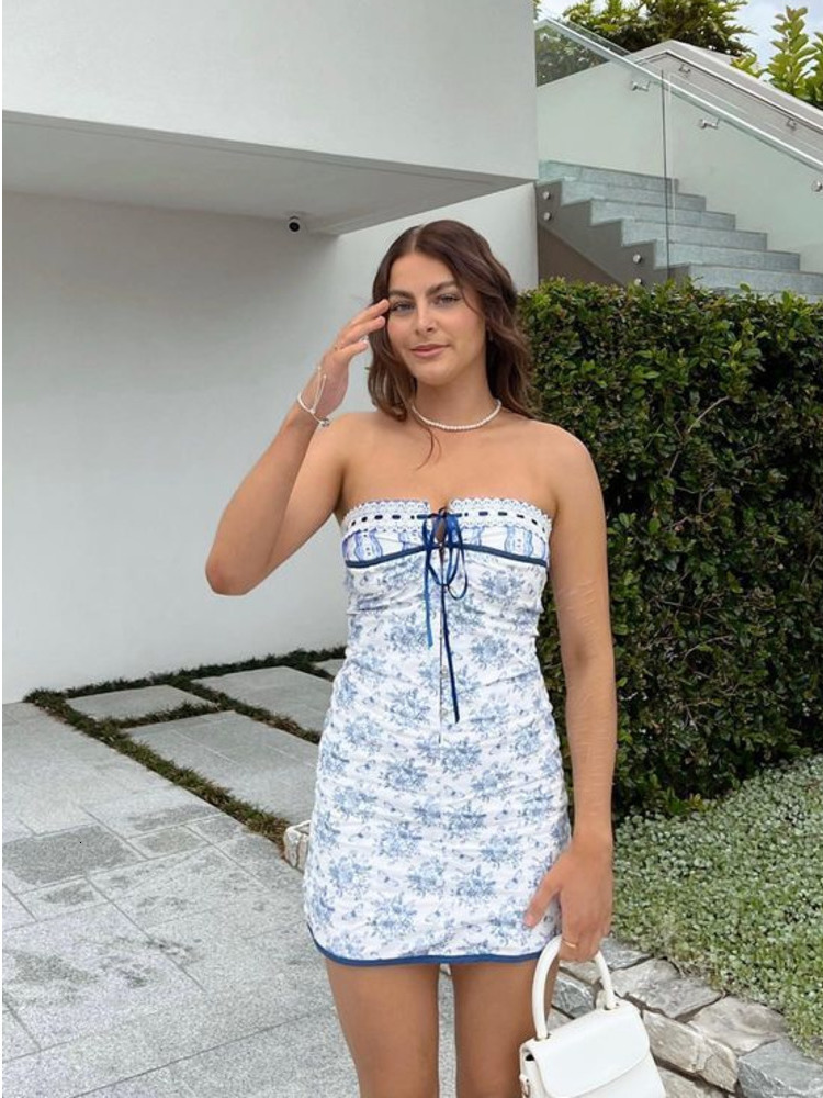 Casual Dresses JULISSA MO Floral Printed Vacation Women Dress Off-shoulder Blue Metal Button Spring Skinny Elegant Outside Female Mini Dresses 230504