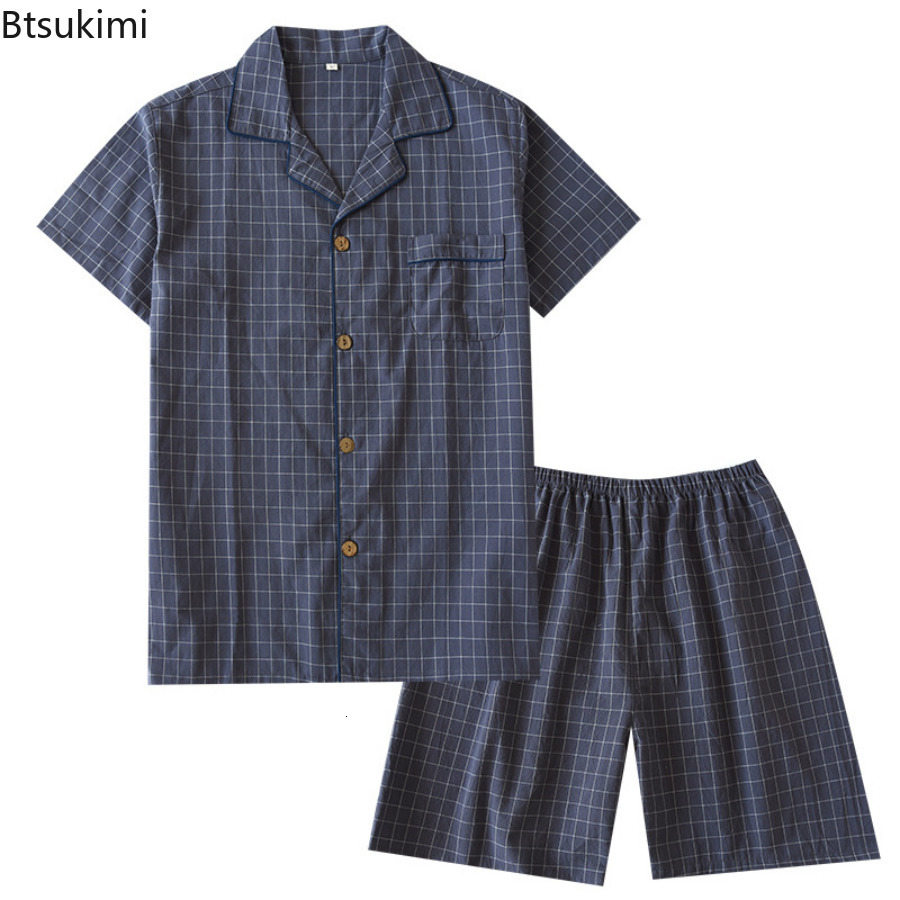Men's Sleepwear Men's Summer PajamasThin Short-sleeved Shorts Soft Cotton Simple Japanese Plaid Home Service Suit Pantalon Pijama Hombre 230