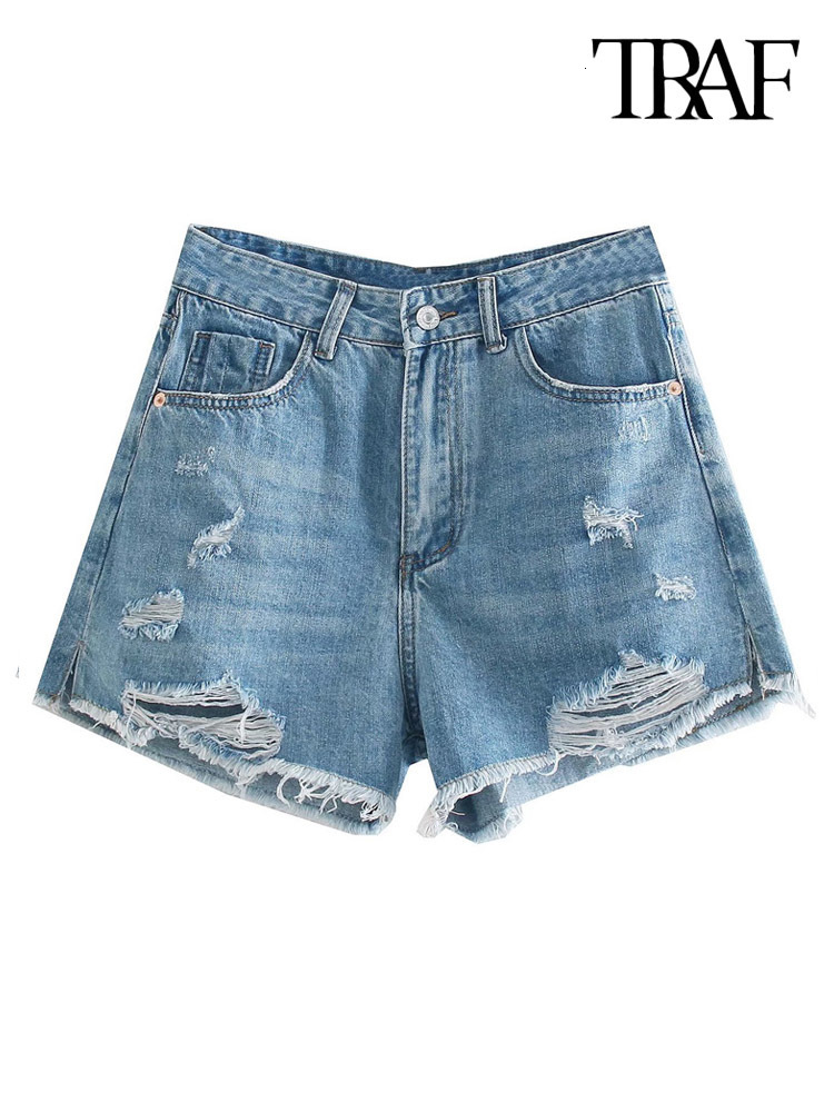 Women's Shorts TRAF Women Fashion With Frayed Tassel Ripped Denim Shorts Vintage Mid Waist Zipper Fly Female Short Jeans Mujer 230504