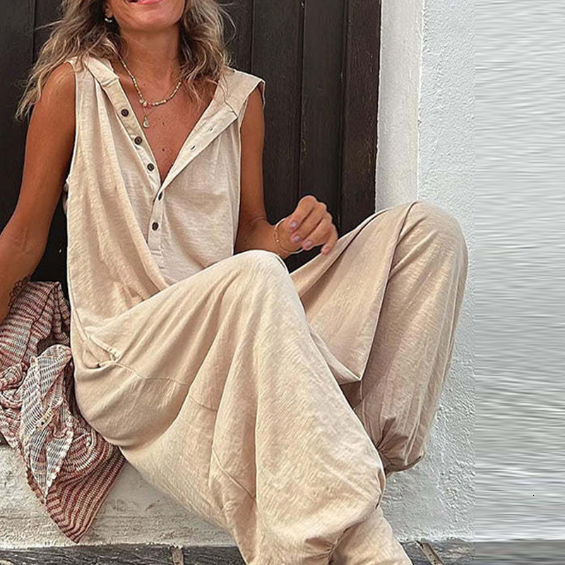 Women's Jumpsuits Rompers Vintage Button Jumpsuit Summer Women Causal Beach Cross-pants Playsuit Fashion Loose Solid Sleeveless Hooded Romper Str