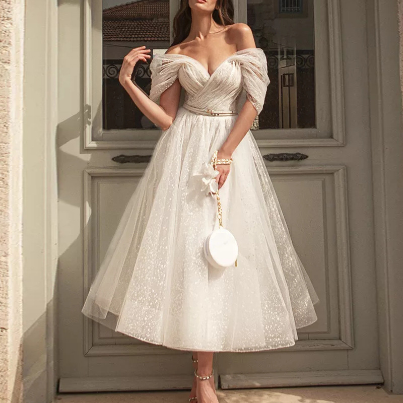 Party Dresses Elegant Women Midi Prom Dress Princess Off The Shoulder Tulle Party Skirts Criss-cross Neck Sparkle Bridesmaid Wedding Dresses 230504