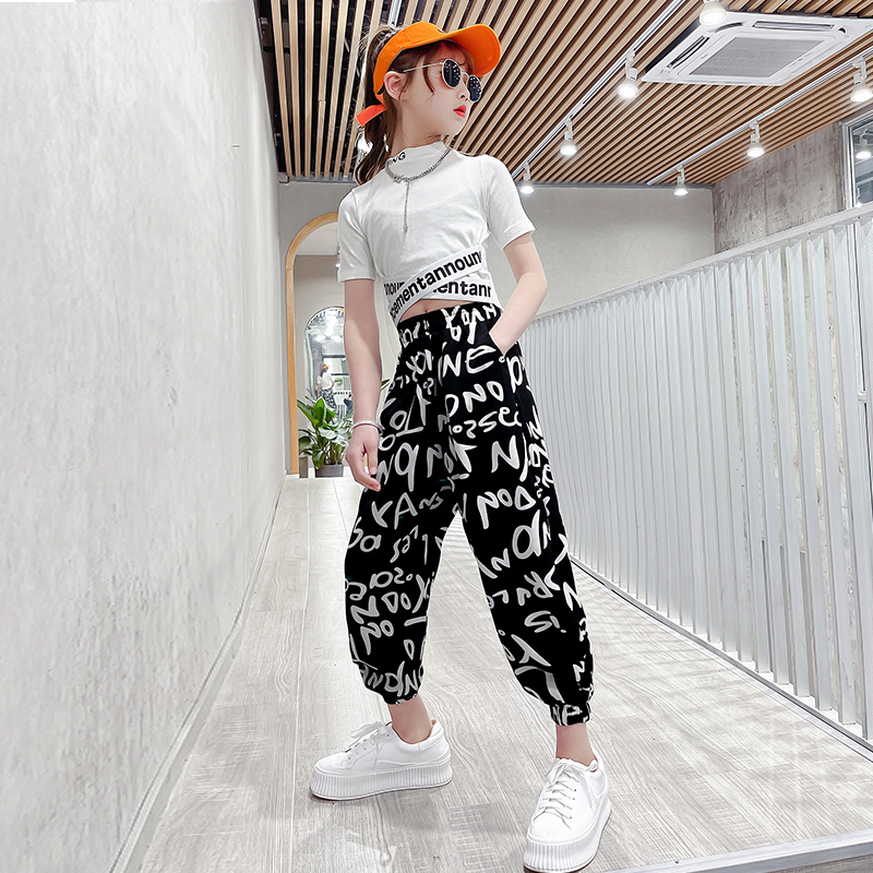 Clothing Sets Baby Girls Clothes Summer Outfits Letter Printed Slim Short T shirts Loose Sweat pants 5 6 7 8 9 10 11 12 13 Years Children sets 230504