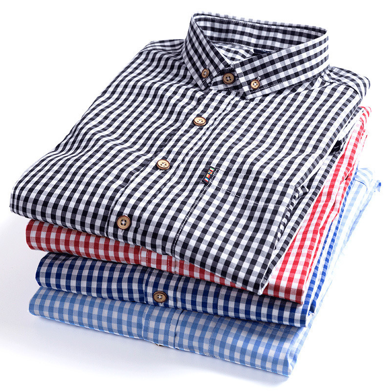 Men's Casual Shirts Quality Thin 100% Cotton Plaid Shirts for Men Long Sleeve Regular Fit Checkered Dress Shirt Mens Blue Soft Comfortable Male 2
