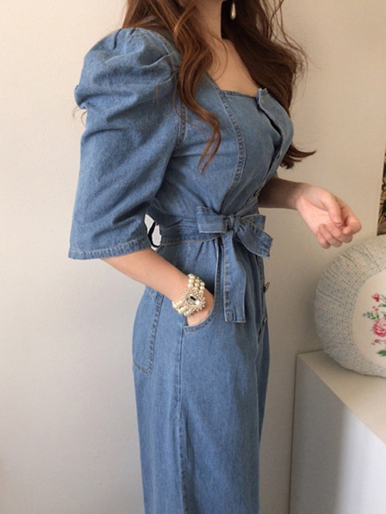 Women's Jumpsuits Rompers EWQ Korean Chic Square Neck Metal Button Lace Up Double Pockets Puff Sleeve Denim Jumpsuit Women Playsuit Spring 16T447