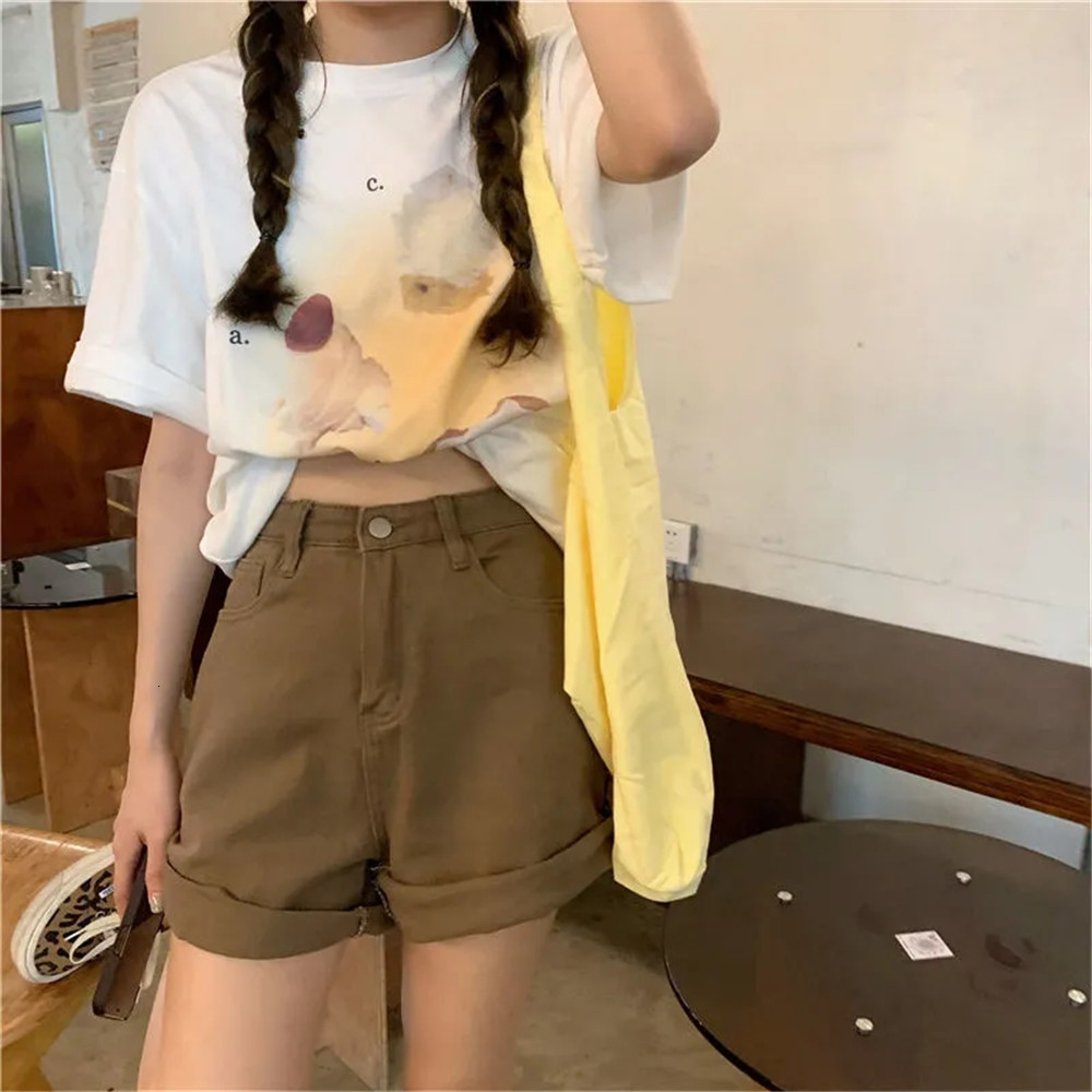Women's Shorts Brown Rolled Wide-Leg Denim Shorts Women Korean Retro High Waist Casual Jeans Pants Korean Summer Loose A Line Shorts Femme 230504
