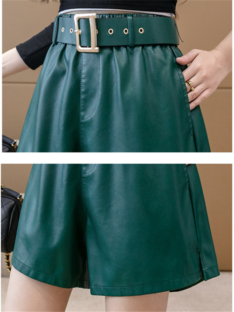 Women's Shorts REALEFT Winter PU Leather Women's Shorts With Belted Stylish OL High Waist Pockets Casual Wide Legged Trousers Female 230504
