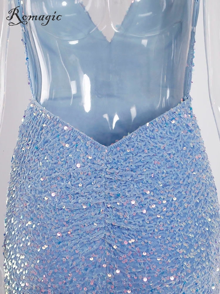 Party Dresses Sexy Blue Backless Slip Sequin Mermaid Wedding Gown V Neck Sleeveless Velvet Padded Stretch Prom Evening Long Dress Women 230504