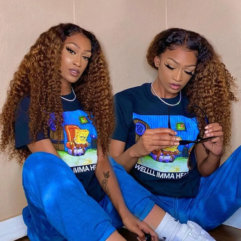 New Long Loose Deep Wave Human Hair Wigs For Black Women Ombre Brown /Blonde/Blue Colored Kinky Curly Synthetic Lace Front Wig Cosplay Party 250820