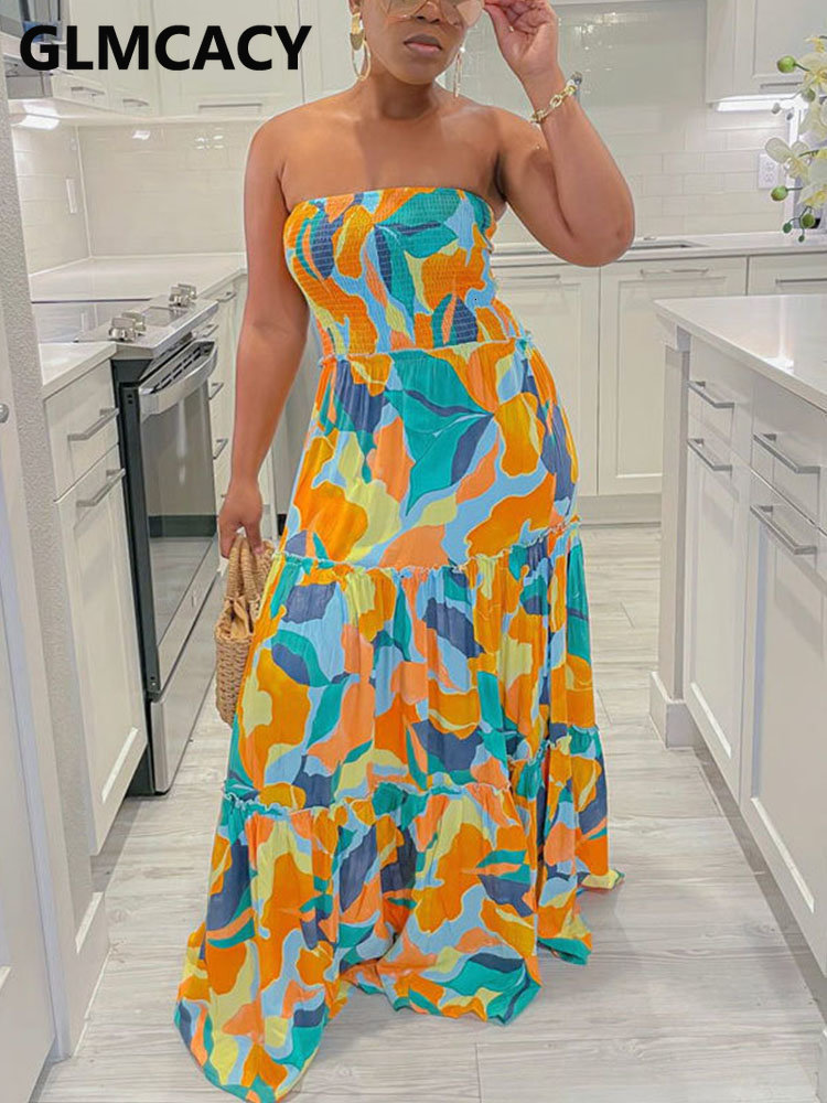 Casual Dresses Women Tropical Printed Bandeau Frilled Tube Dress 230504