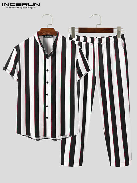 Men's Casual Shirts Fashion Men Striped Sets Streetwear Lapel Short Sleeve Shirt Long Pants Two Pieces Sets 2023 Men Casual Suits S5XL 7 J230503