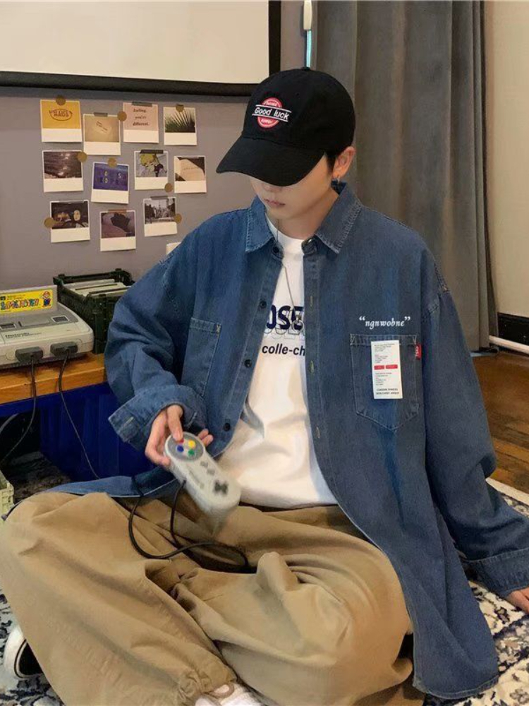 Men's Casual Shirts Gmiixder Denim Shirt Men's Long-sleeved Korean Trend High-end Tooling Shirt Hong Kong Style Japan Spring Autumn Casual J
