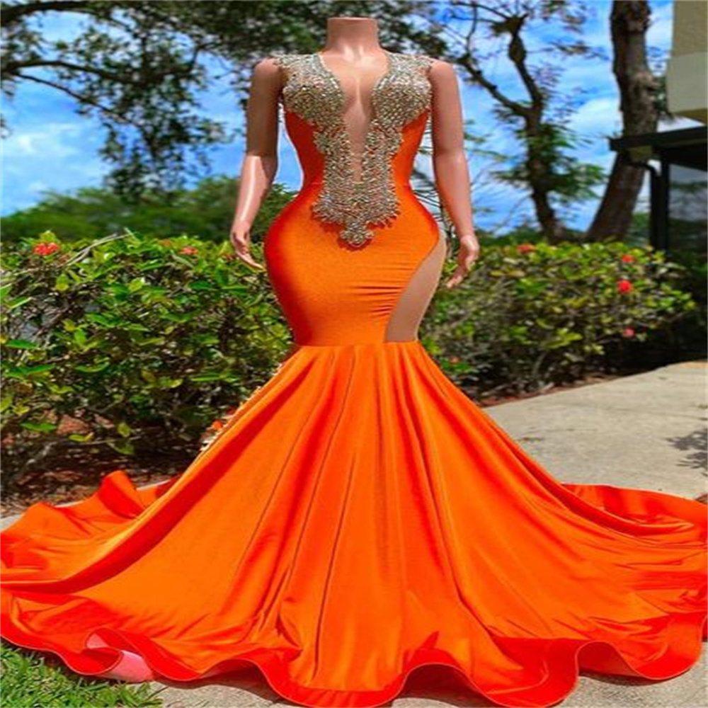 Sexy Green Evening Dress With Crystal Elegant Mermaid Black Girls Prom Orange Dress 2023 Open Back Women Birthday Party Gowns Formal Occasion Birthday