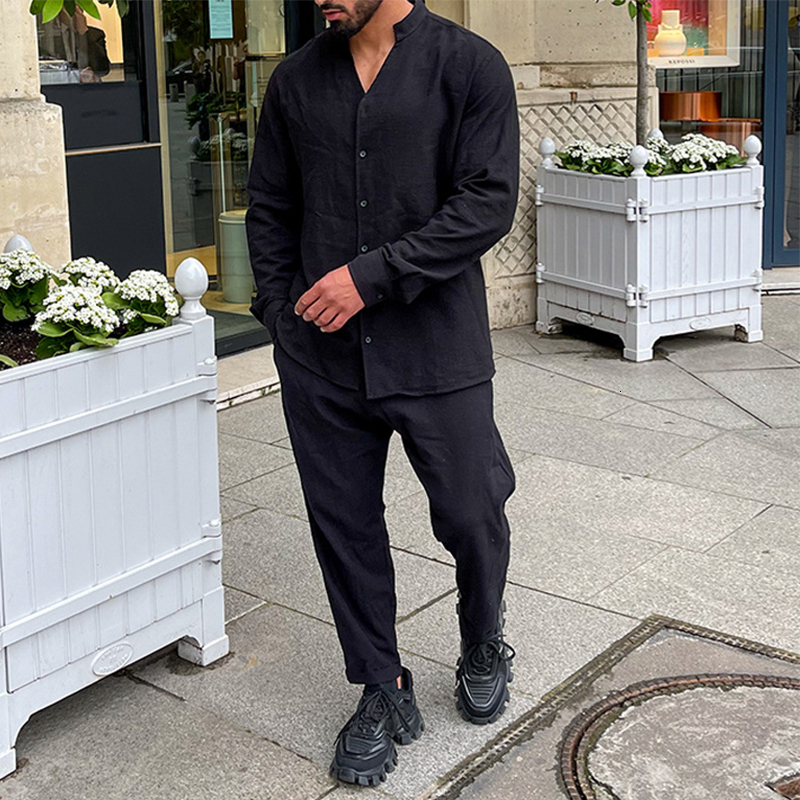 Mens Tracksuits Streetwear Fashion Cotton Linen Two Piece Sets Spring Summer Buttoned Stand Collar Shirt And Pants Suits Solid Clothing 230504