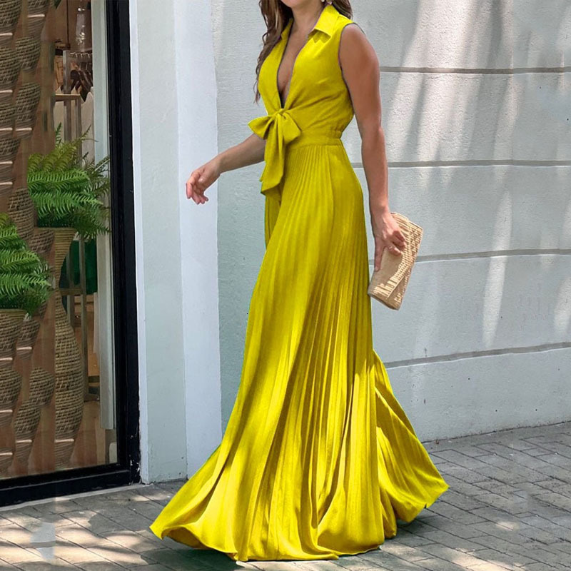 Women's Jumpsuits Rompers LIYONG Women Jumpsuit Summer Fashion V Neck Sleeveless Lapel Solid Pleated Lace Up Loose Wide Legs Romper High Streetwe