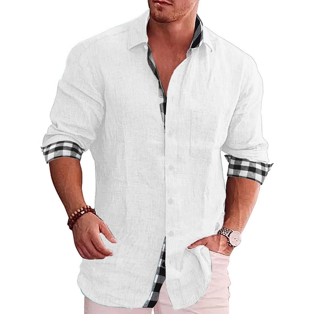 Men's Casual Shirts Cotton Linen Men's Long-Sleeved Shirts Solid Color Stand-Up Collar Casual Beach Style Casual Handsome Men Shirts S-5XL 2