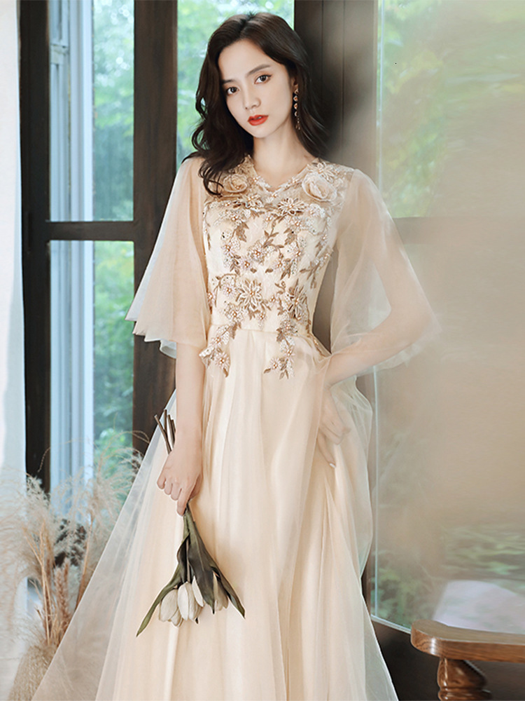 Party Dresses Fashion Champagne Evening Dress Half Sleeve a Line Floor Length Prom Dress Applique Banquet Party Dresses 230504