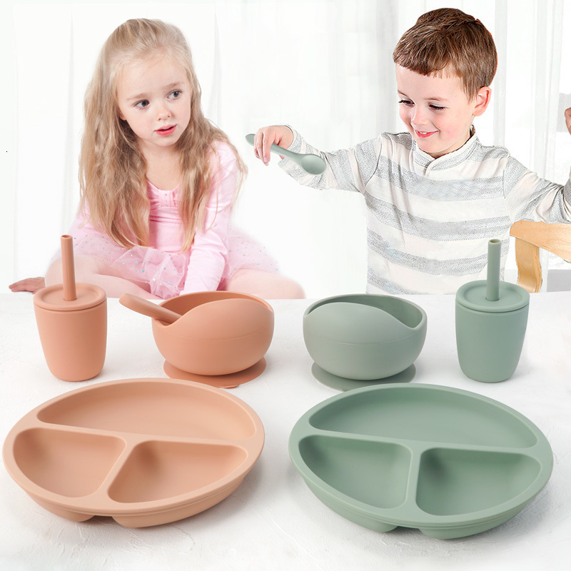 Cups Dishes Utensils Bpa Free Children s Tableware Fashionable Soft Silicone Food Plates Easy To Clean Washing Up Straw Cup Spoons Cute Gadget 230504