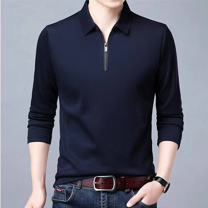 Mens Polos Solid Polo Shirt Lapel Longsleeved Zipper Collar Fashion Spring and Autumn Thin Casual Loose Tops 230504