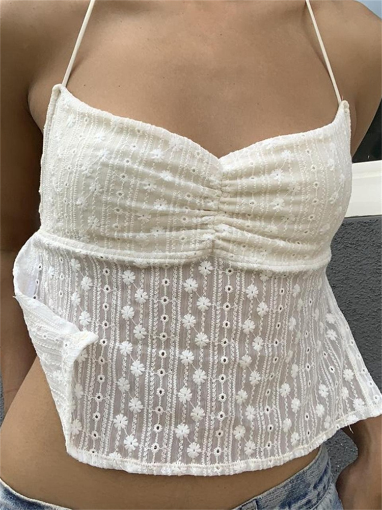 Camisoles Tanks CHRONSTYLE Floral White Crop Tops Fairycore 00s Retro Halter Camis Y2K Aesthetics Sexy Backless Mini Vest Summer Boho Beach Tank 23050