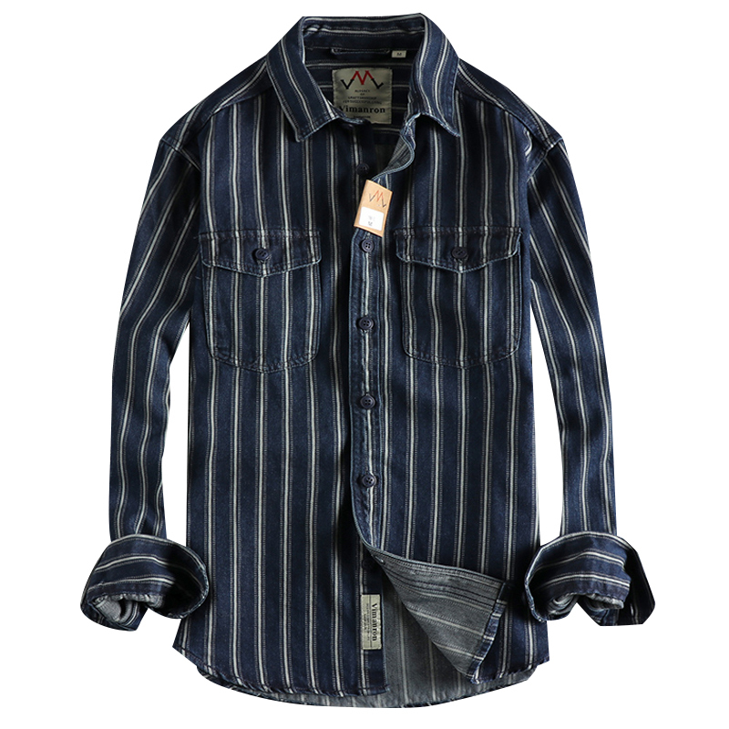 Men's Casual Shirts Autumn and winter yarn-dyed striped wash jeans long-sleeved shirt man retro trend with classic shirt 230504