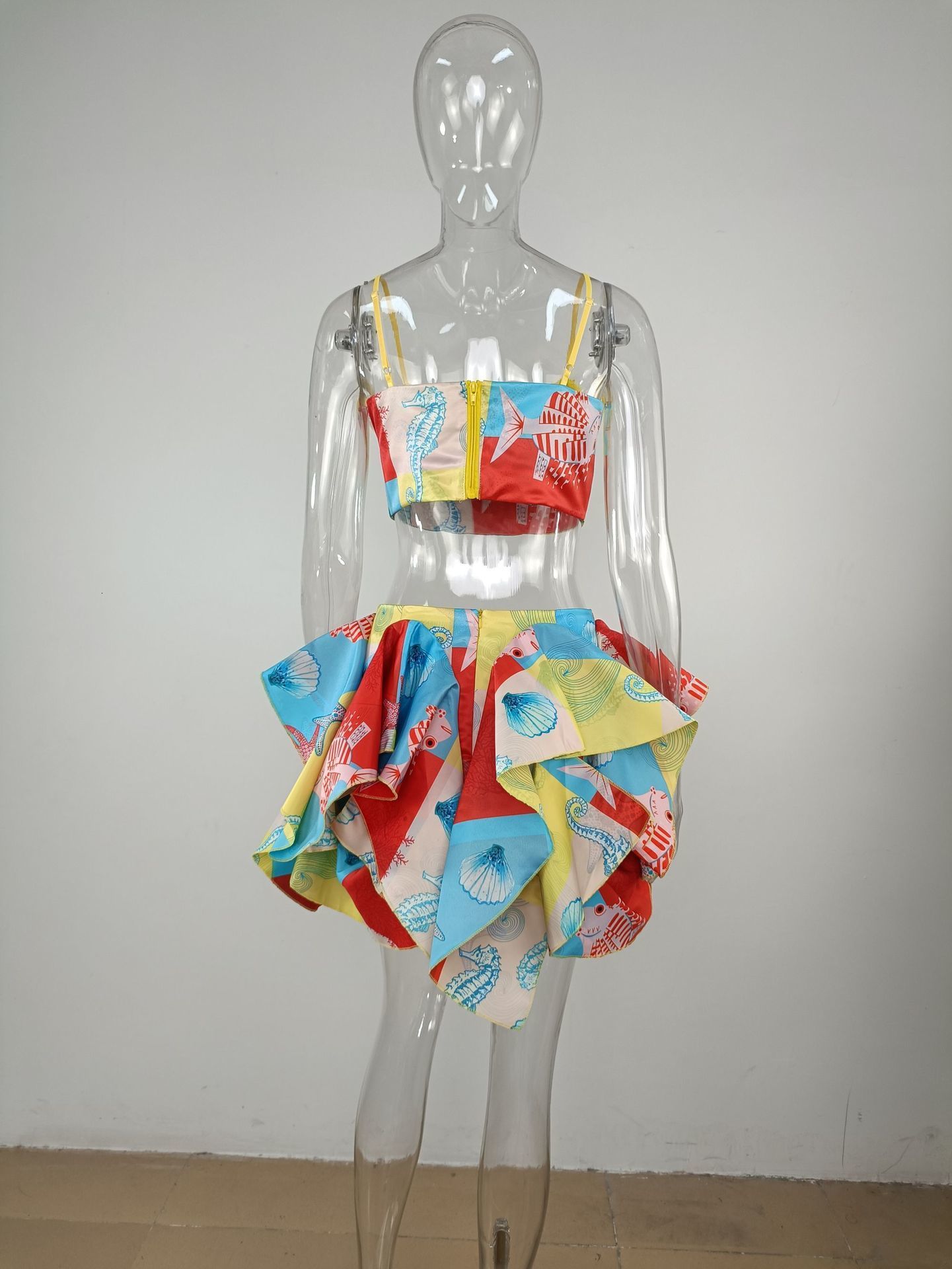 Women s Two Piece Pants CM YAYA Set Sequined Crop Top and Starfish Cascading Ruffles Skirt Shorts 2023 Beach Outfit 2 Tracksuit 230522