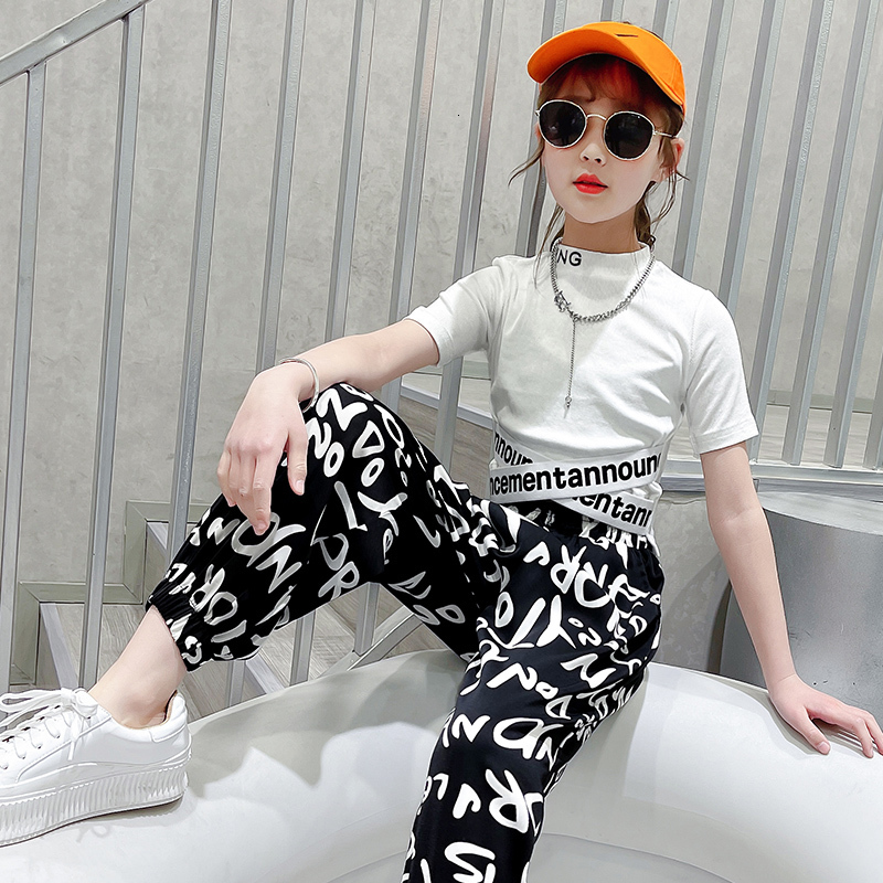 Clothing Sets Baby Girls Clothes Summer Outfits Letter Printed Slim Short T shirts Loose Sweat pants 5 6 7 8 9 10 11 12 13 Years Children sets 230504