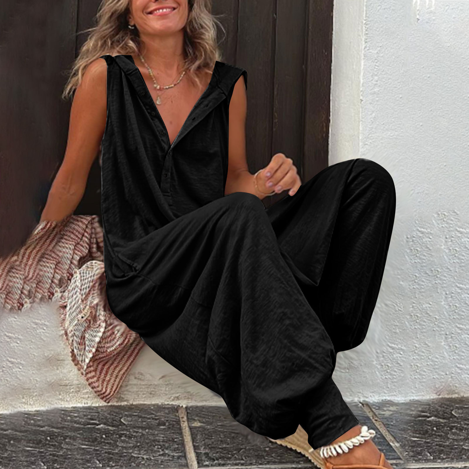 Women's Jumpsuits Rompers Vintage Button Jumpsuit Summer Women Causal Beach Cross-pants Playsuit Fashion Loose Solid Sleeveless Hooded Romper Str