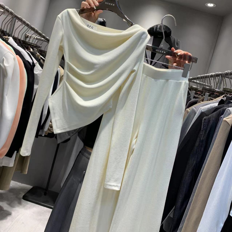 Womens Two Piece Pants Slim Spring Solid Irregular Tshirts Women Crop Tops Tees Full Tshirt High Waist Loose Straight Casual Sets 2 230504