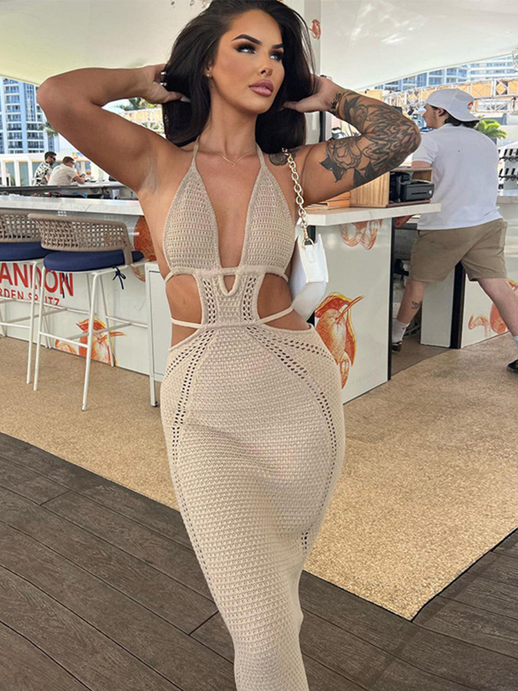 Casual Dresses Hollow Out Halter Knitted Maxi Dress Sexy Solid Lace Up Backless Sleeveless Bodycon Female Elegant Beach Vestidos 230504