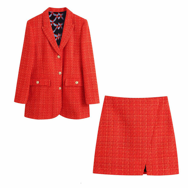 Women s Suits Blazers Klacwaya Women Fashion Two Piece Set Vintage Print Lining Tweed Blazer Coat Female Front Slit Mini Skirt Chic Suit 230504