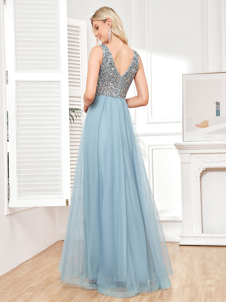 Party Dresses XUIBOL Elegant V-Neck Long Sequin Blue Evening Dress Women Mermaid Formal Dress Sleeveless Wedding Party Maxi Prom Dress 230504