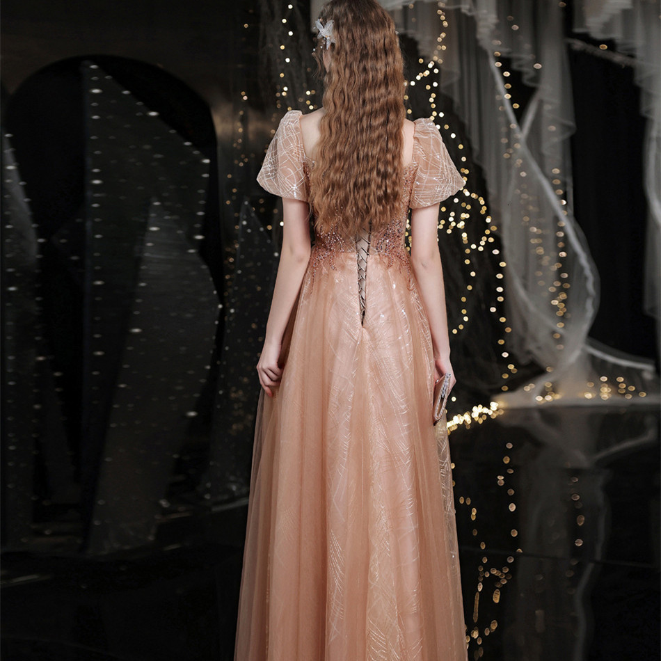 Party Dresses WYHS-130#Golden Evening Dress Puff Sleeve Bride Wedding Prom Toast Dress Summer Banquet Catwalk Annual Meeting sequin 230504