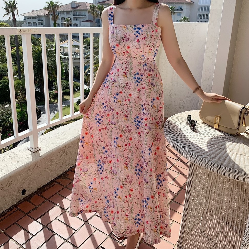 Casual Dresses Sweet Romantic Print Chiffon Womens Light Summer Daily Korean Pink Long Elegant Beach White 230504