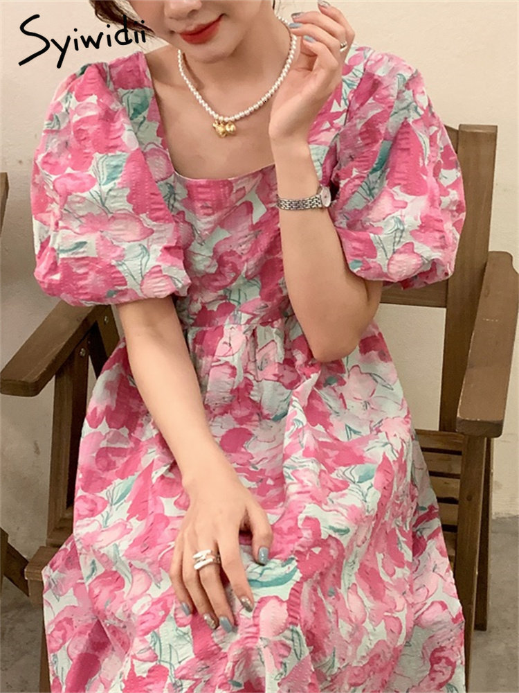 Casual Dresses Syiwidii Fashion Print for Women Short Sleeve Square Collar High Waisted French Style Elegant A Line Summer Midi 230504