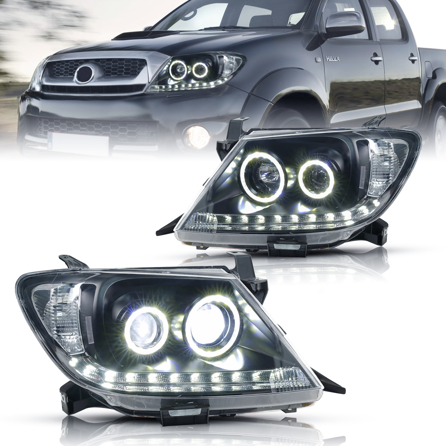 LED Dual Beam Lens Headlights for Toyota Hilux 2005-2011 Upgrade Highlight Front Lights Running Signal Headlamp