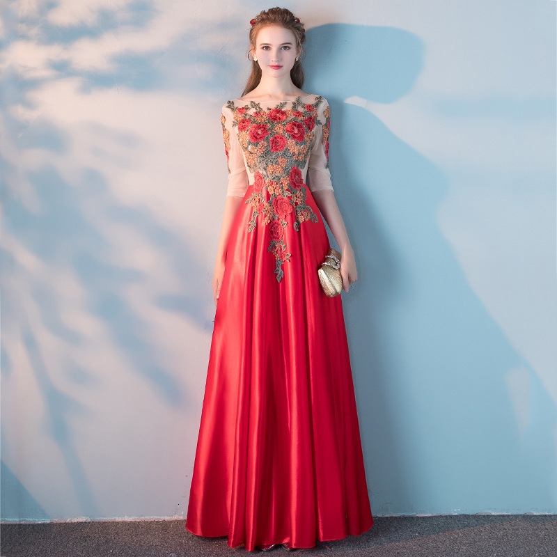 Party Dresses Sweet Flower Lace Heavy Embroidery Evening Dresses Long Lace O-Neck Ruched Elegant Prom Dresses Red Lace Up Back Robe De Soriee 230504