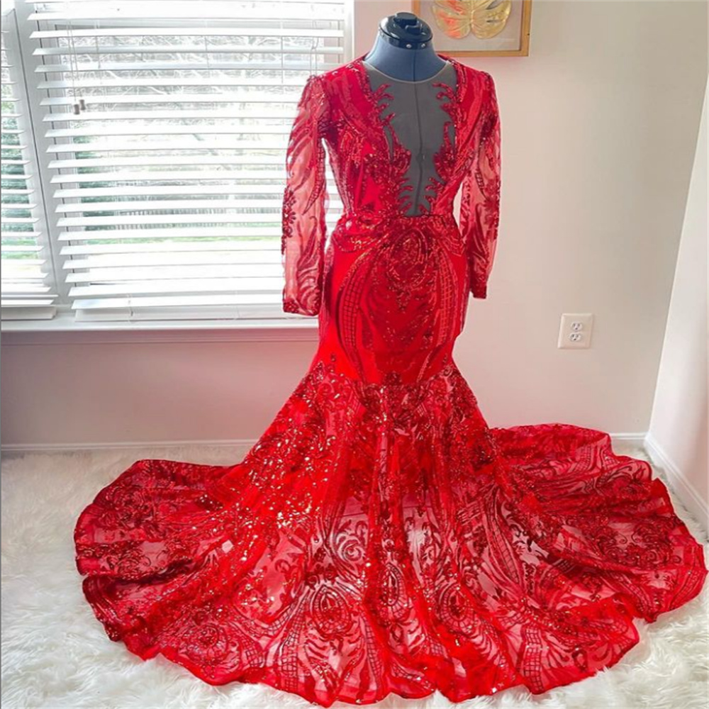Long Sleeve Blue Evening Gowns Luxury Red Sequin Prom Dress 2023 Mermaid Formal Dresses Floor Length Birthday Occasion Party Occasion Speacial vestido